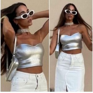 Zara Metallic Silver Bustier Top
